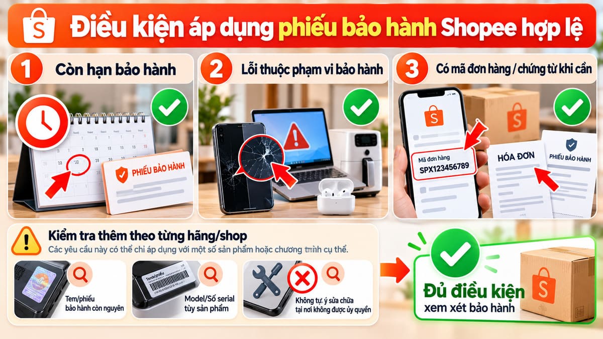 Điều kiện áp dụng phiếu bảo hành Shopee hợp lệ