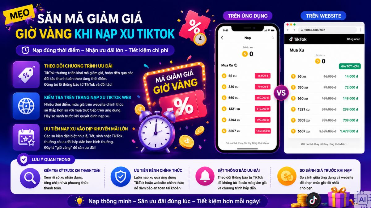 Mẹo săn mã giảm giá giờ vàng khi nạp xu TikTok