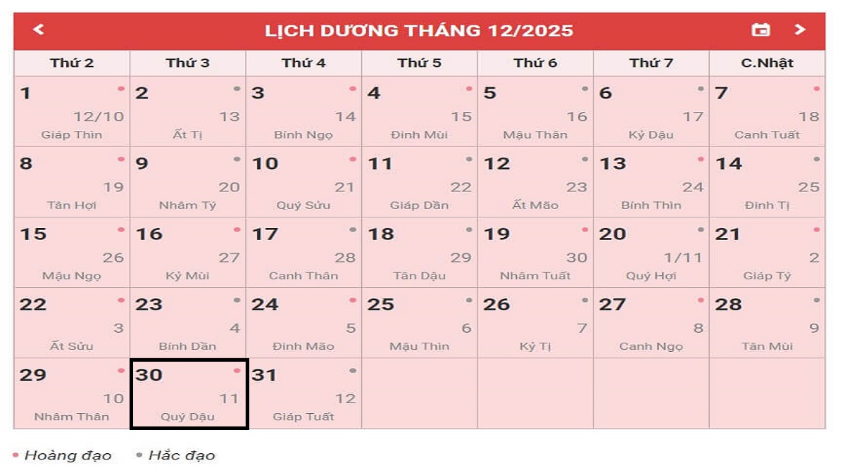 Ngày 11 tháng 11 âm lịch trùng với ngày 30 tháng 12 năm 2025 dương lịch