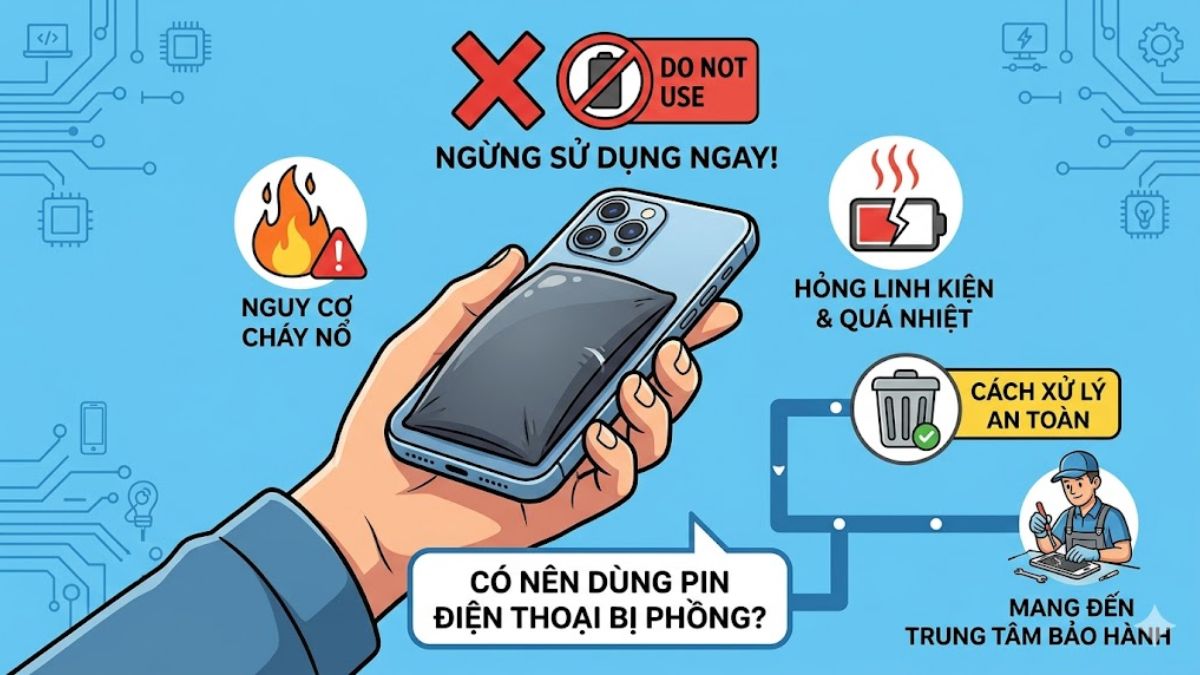 Không nên tiếp tục sử dụng pin điện thoại bị phồng