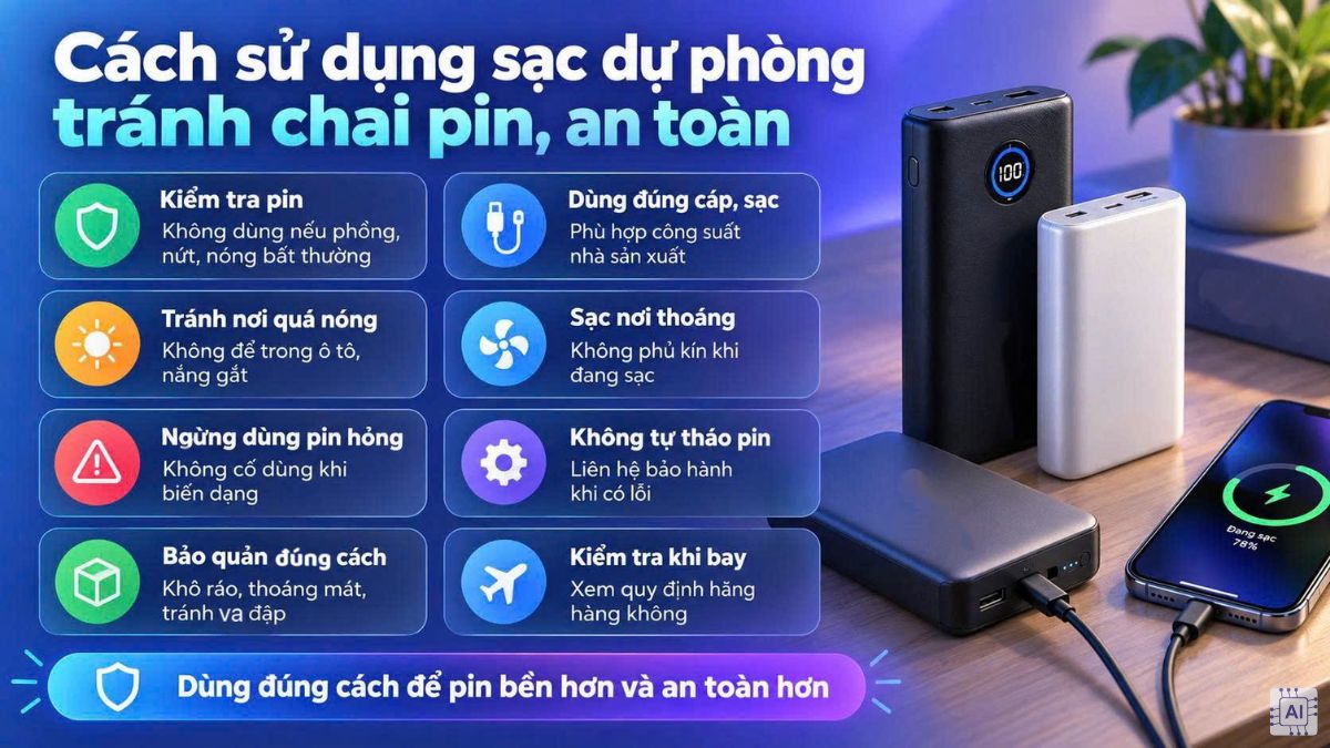 Cách sử dụng sạc dự phòng tránh chai pin, an toàn