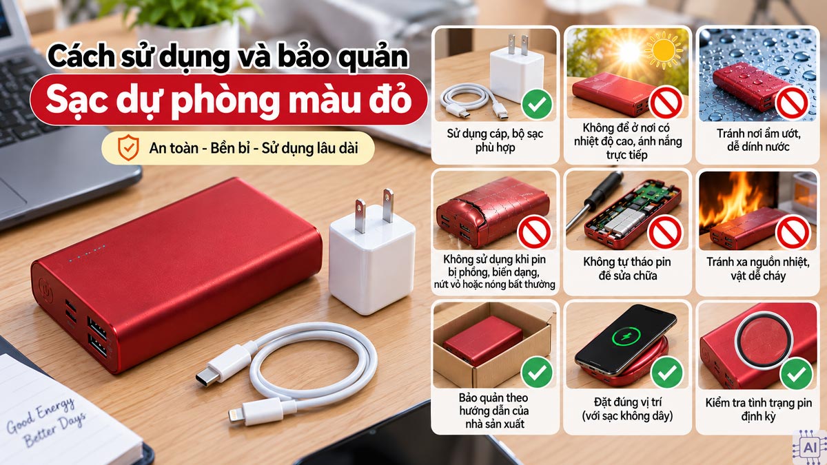 Cách sử dụng và bảo quản sạc dự phòng màu đỏ an toàn
