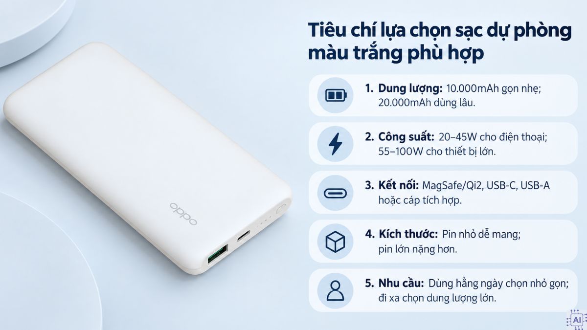 Tiêu chí lựa chọn sạc dự phòng màu trắng phù hợp