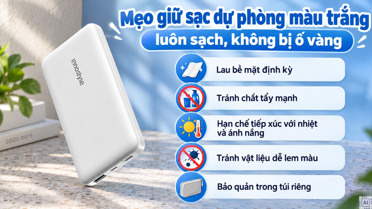 Mẹo giữ sạc dự phòng màu trắng luôn sạch, không bị ố vàng