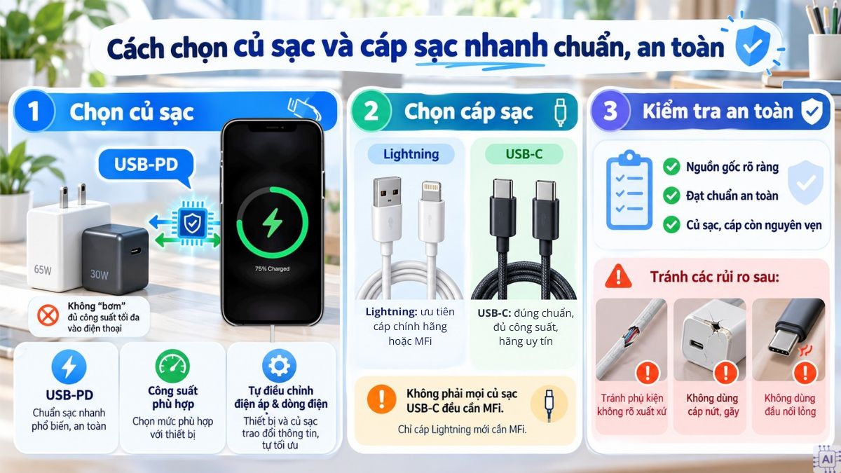Cách chọn củ sạc và cáp sạc nhanh chuẩn, an toàn