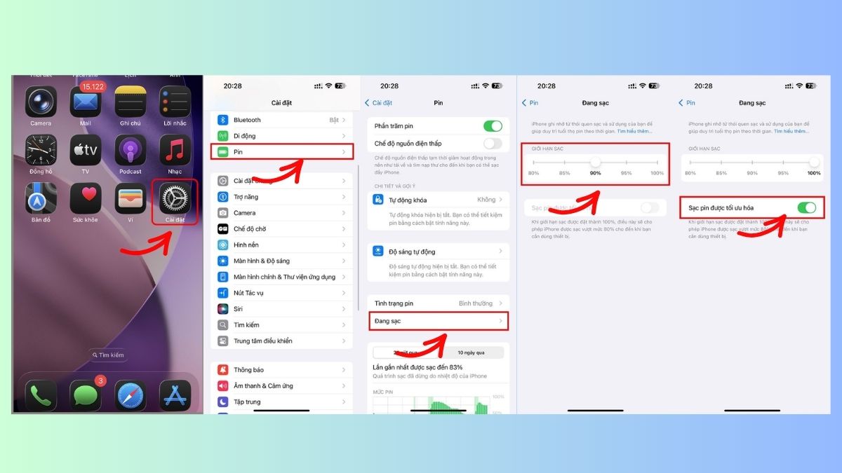 Cách cài đặt sạc pin tối ưu hóa trên iPhone 15 trở lên 
