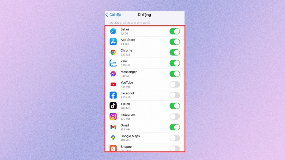  Khắc phục lỗi bật dữ liệu nhưng không vào được mạng iPhone bằng cách bật lại dữ liệu mạng - bước 4