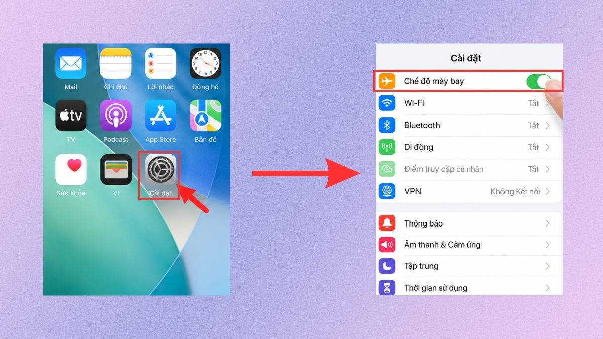  Khắc phục lỗi bật dữ liệu nhưng không vào được mạng iPhone bằng cách bật chế độ máy bay - bước 1