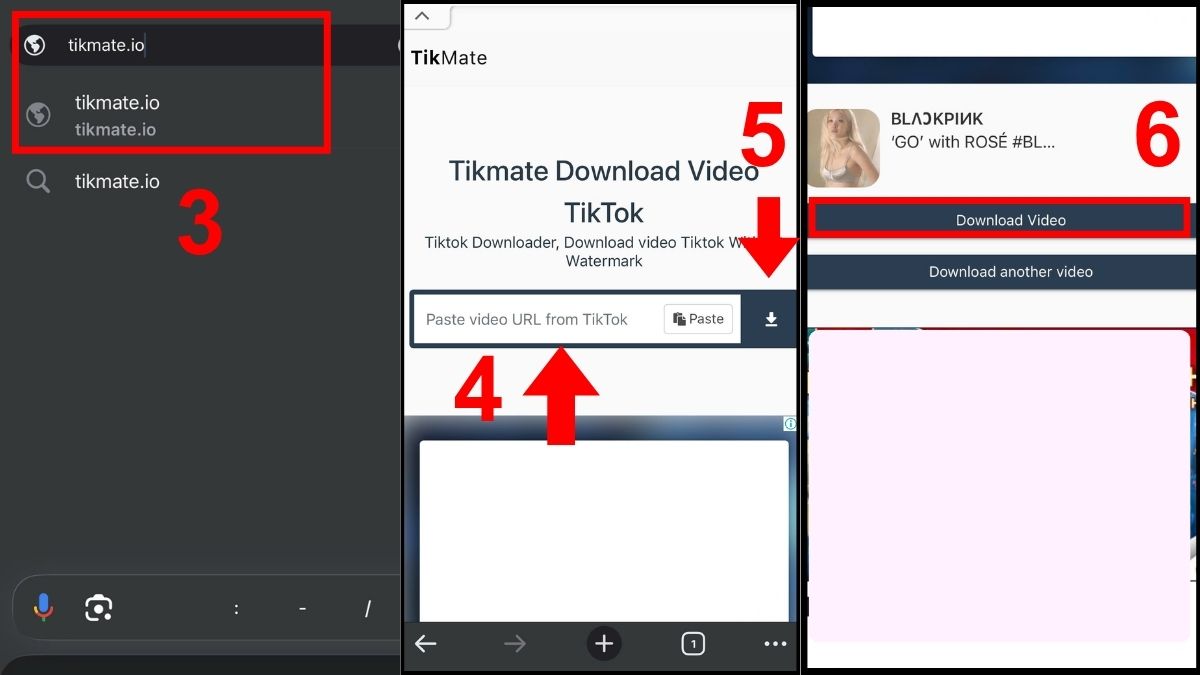 Cách tải video TikTok không logo trên iPhone bằng Tikmate - bước 2,3,4