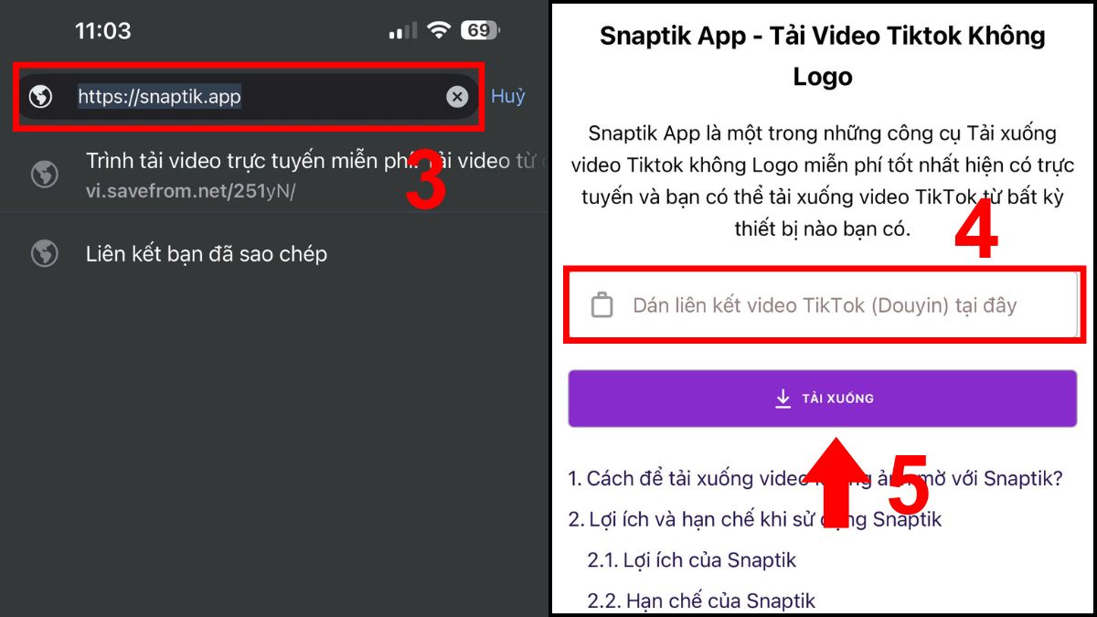 Cách tải video TikTok không logo trên iPhone bằng Snaptik.app - bước 2,3