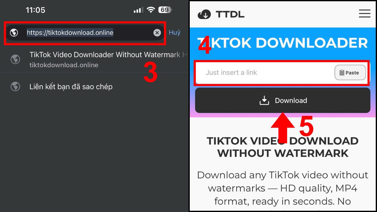 Cách tải video TikTok không logo trên iPhone bằng Tiktokdownload.online- bước 2,3