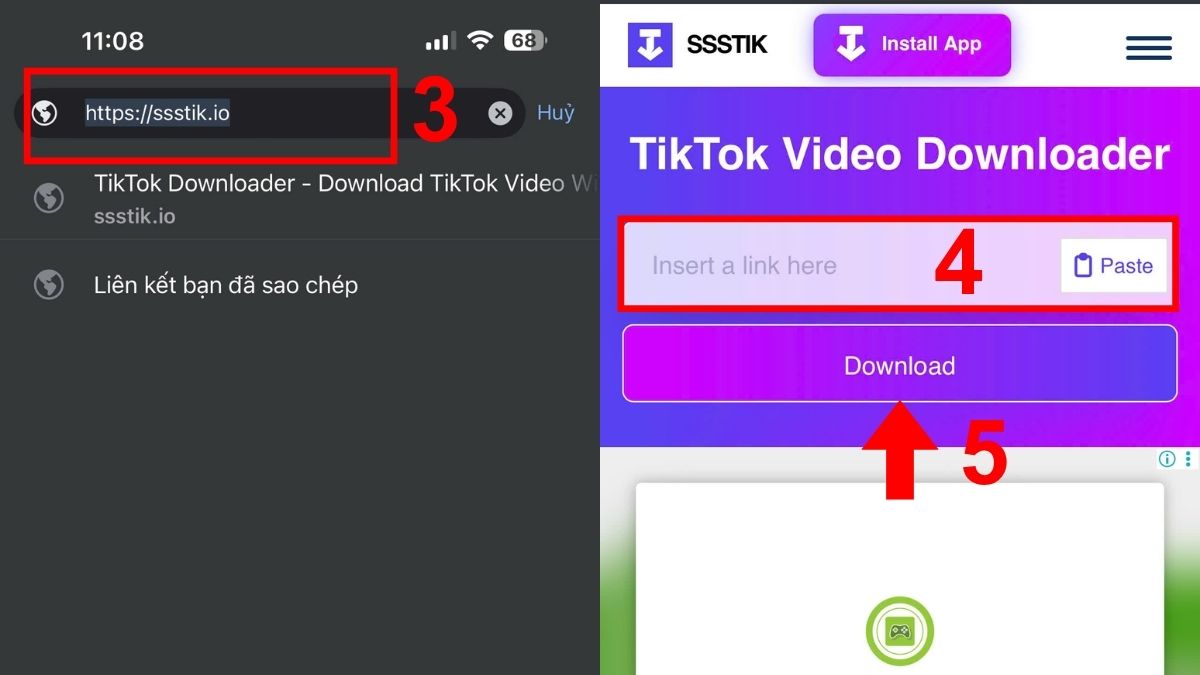Cách tải video TikTok không logo trên iPhone bằng SSSTiktok- bước 2,3