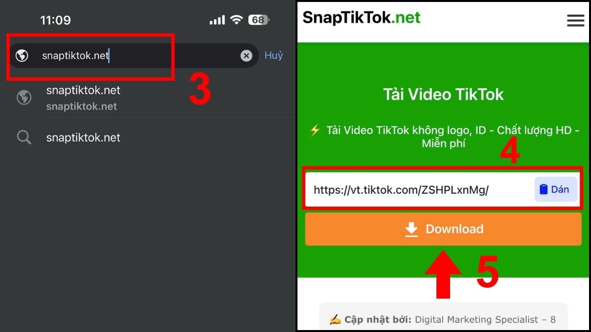 Cách tải video TikTok không logo trên iPhone bằng Snaptiktok.net- bước 2,3
