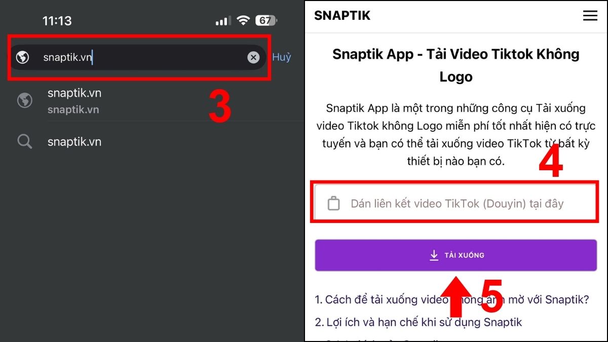 Cách tải video TikTok không logo trên iPhone bằng Snaptik.vn - bước 2,3