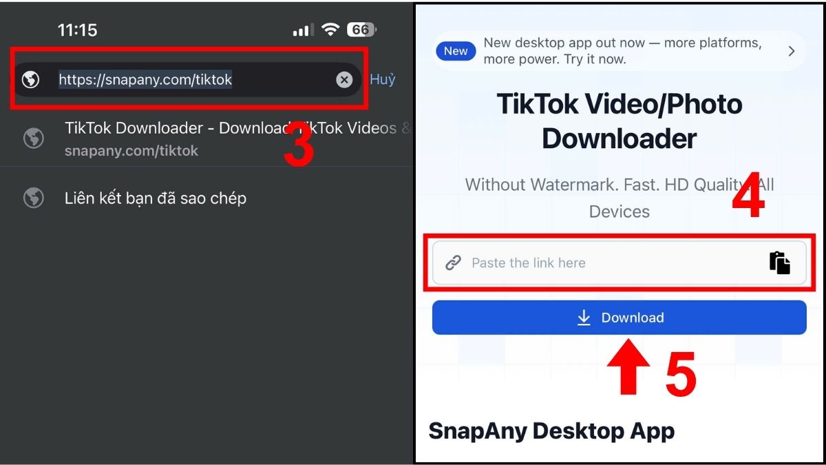 Cách tải video TikTok không logo trên iPhone bằng SnapAny - bước 2,3