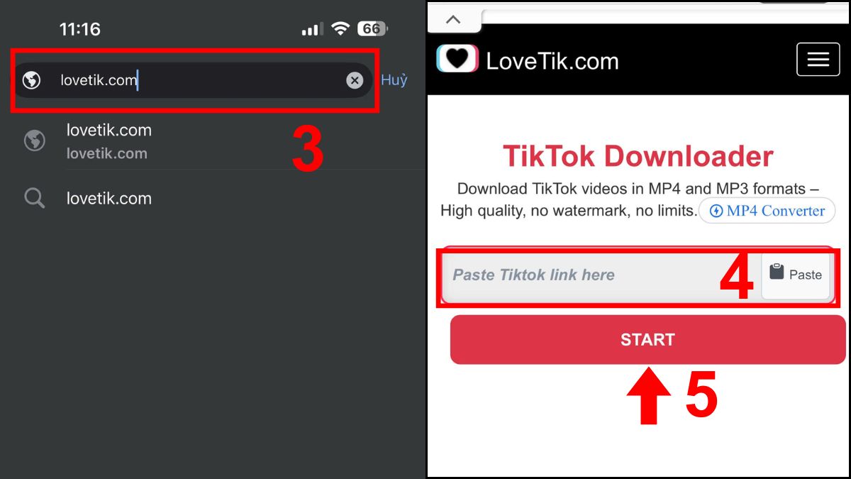 Cách tải video TikTok không logo trên iPhone bằng Lovetik - bước 2,3
