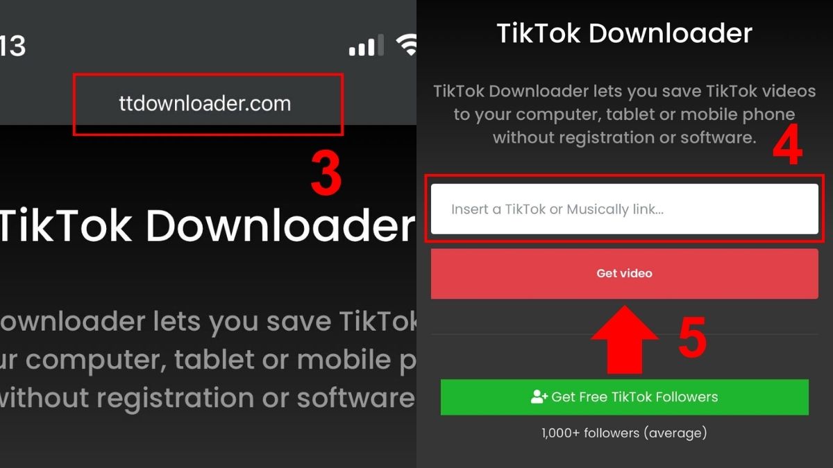 Cách tải video TikTok không logo trên iPhone bằng TTdowloader.com - bước 2,3
