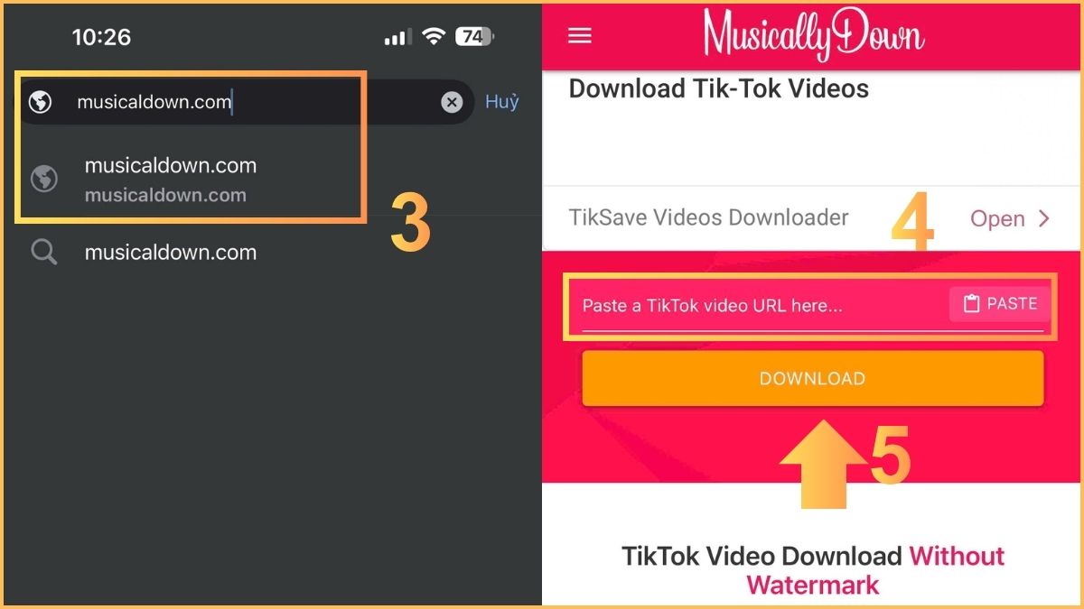 Cách tải video TikTok không logo trên iPhone bằng Musically Down - bước 2,3
