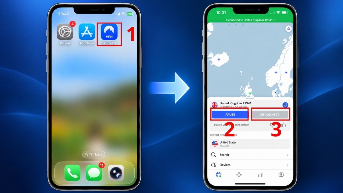 Tắt VPN trên iPhone bằng ứng dụng NordVPN