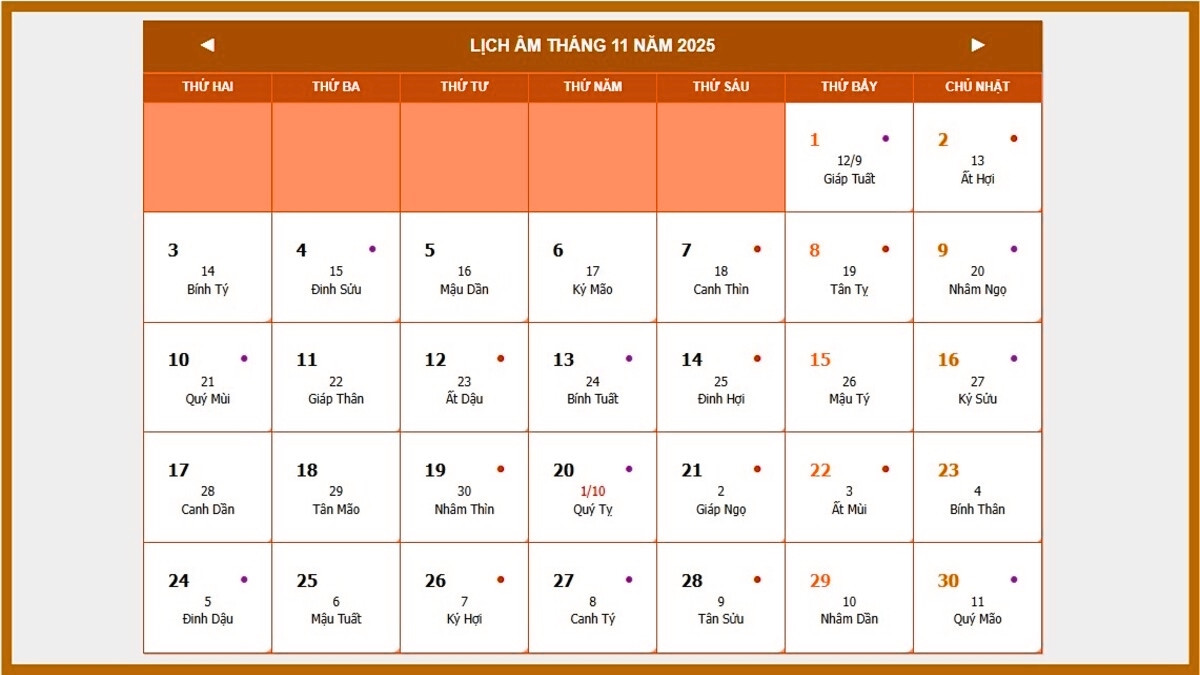 Tháng 11 có 30 ngày theo lịch Âm