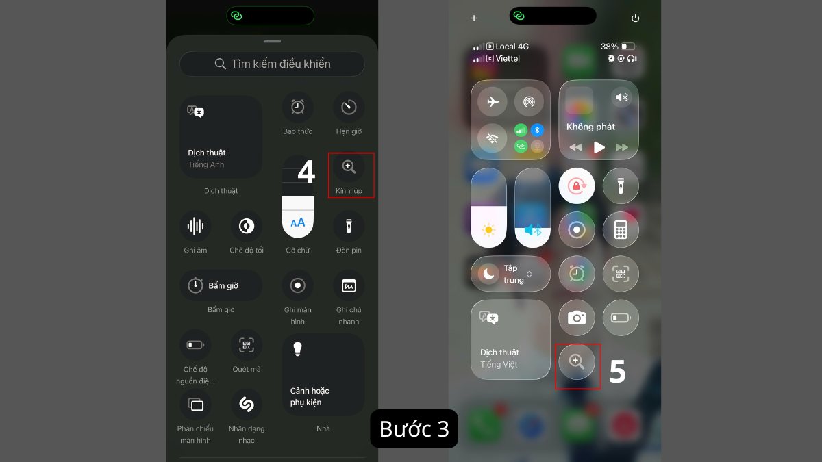 Cách bật kính lúp trên iPhone từ Trung tâm điều khiển - bước 2,3