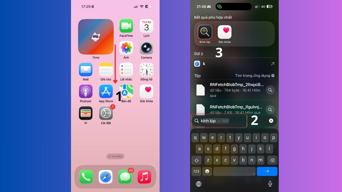 Bật tính năng kính lúp iPhone bằng thanh tìm kiếm nhanh 