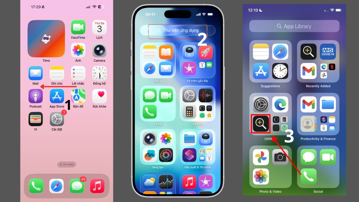 Cách bật kính lúp trên iPhone bằng biểu tượng tại Thư viện ứng dụng