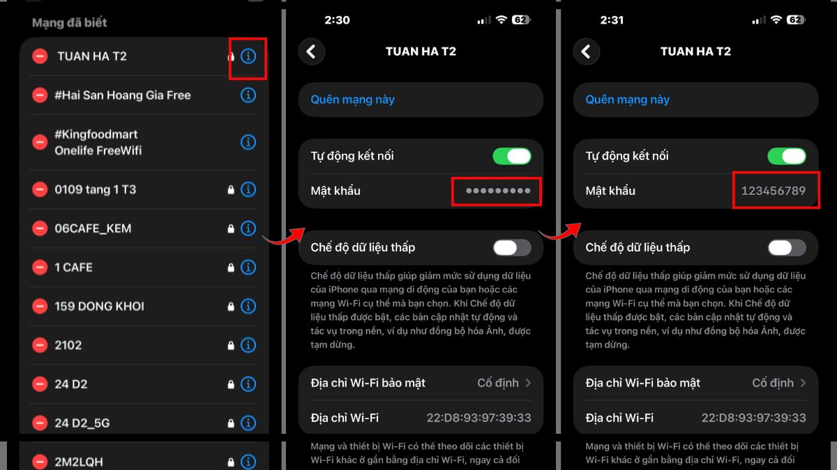 Xem lại pass Wifi đã kết nối bằng Cài đặt - bước 3