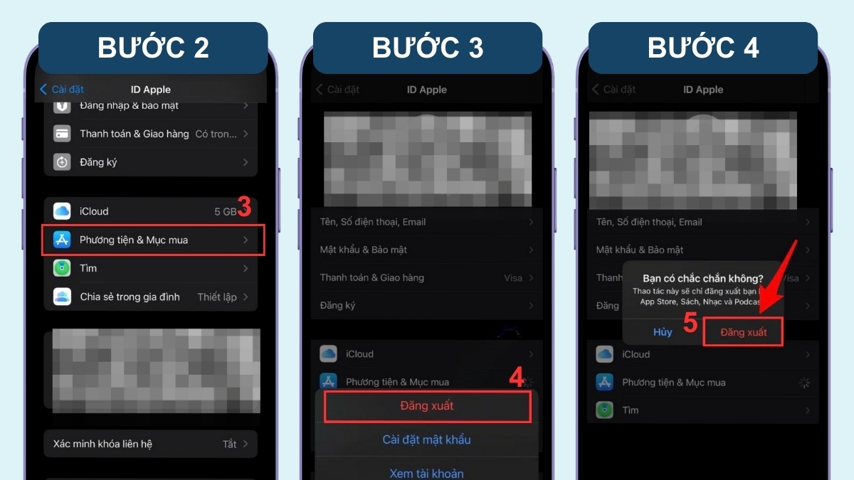 Đăng xuất khỏi iTunes và App Store để xóa ID Apple cũ - bước 2,3,4