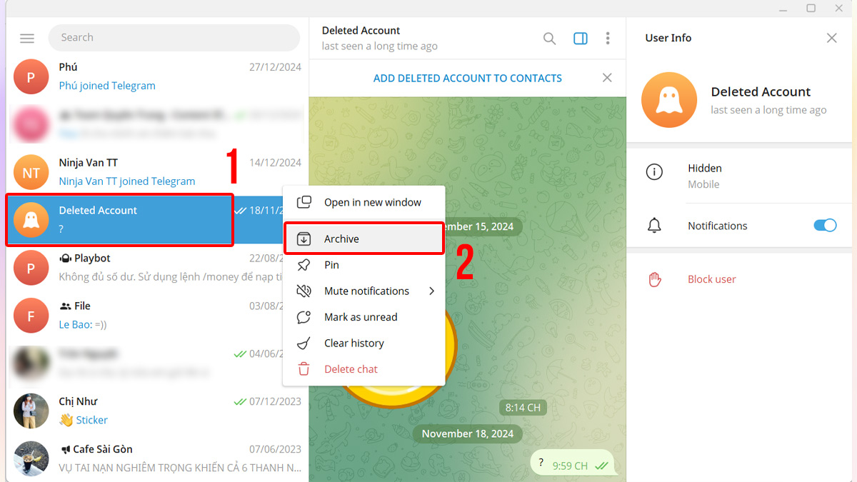 Hướng dẫn cách ẩn tin nhắn trên Telegram trên máy tính