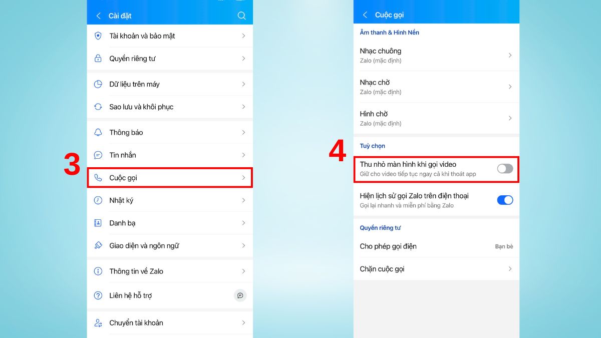 Tắt chế độ video thu nhỏ Zalo khi không cần dùng - bước 3,4