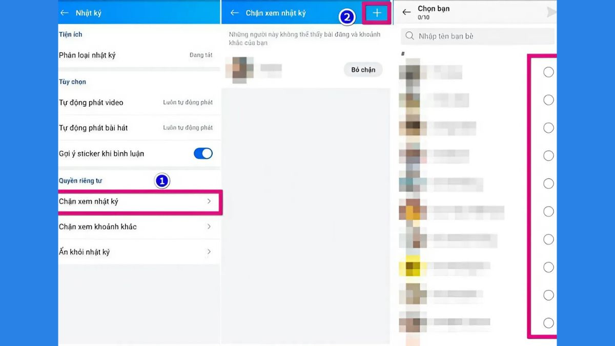 cách chặn Zalo mà người khác không biết là Chặn xem nhật ký bước 3,4