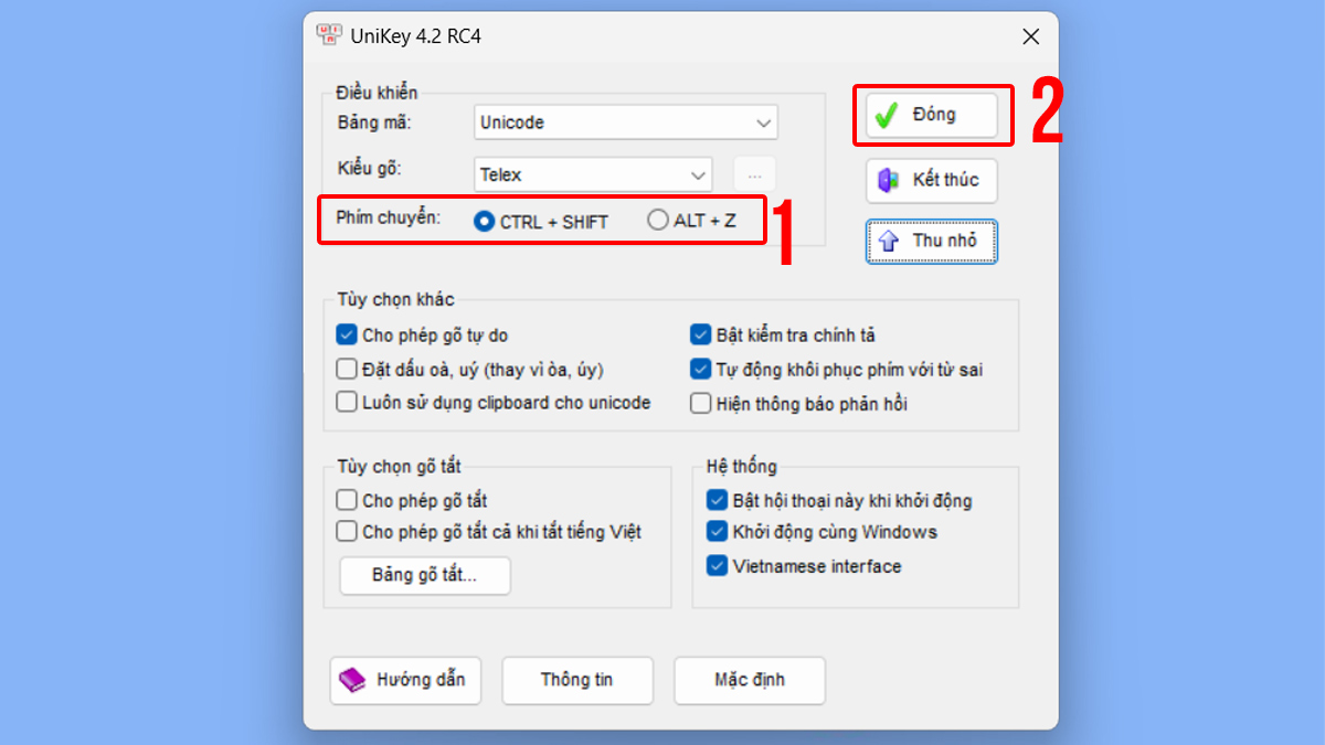 cách chỉnh unikey Dùng phím tắt để bật - tắt chức năng