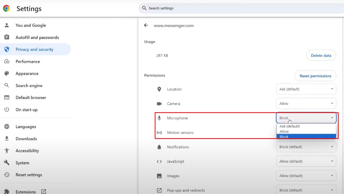 Cách cho phép Messenger truy cập micro trên máy tính với google chrome - bước 3