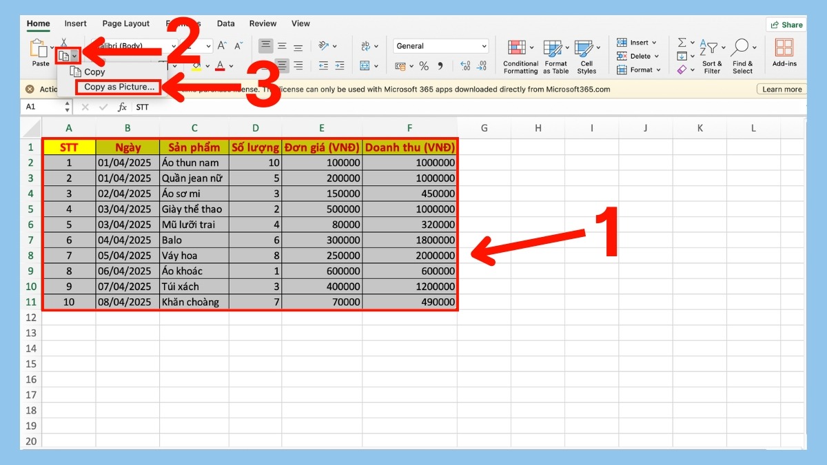 Cách chụp màn hình Excel gửi Zalo trực tiếp trên excel - bước 1