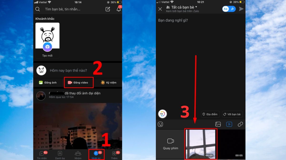 Cách đăng video HD lên nhật ký Zalo trên điện thoại - bước 1,2