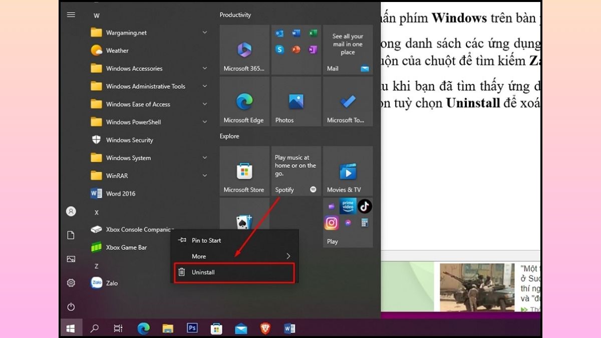 Hướng dẫn cách gỡ cài đặt Zalo trên máy tính Từ Start Menu