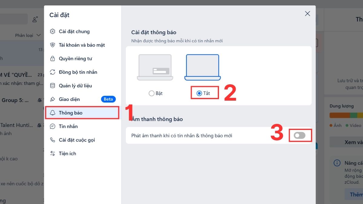 Cách tắt thông báo Zalo trên máy tính - bước 2,3