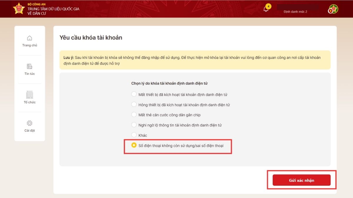 Hướng dẫn cách khóa tài khoản VNeID khi mất số điện thoại trực tiếp trên website - bước 4