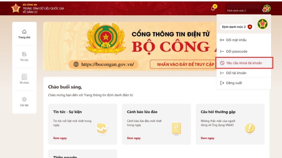 Hướng dẫn cách khóa tài khoản VNeID khi mất số điện thoại trực tiếp trên website - bước 3