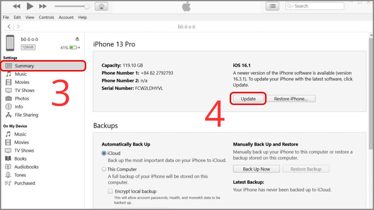 Cách khắc phục lỗi không kích hoạt được iMessage - cập nhật lại phiên bản iOS bằng Itunes - bước 3