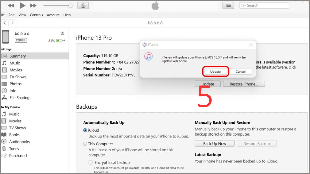 Cách khắc phục lỗi không kích hoạt được iMessage - cập nhật lại phiên bản iOS bằng Itunes - bước 4