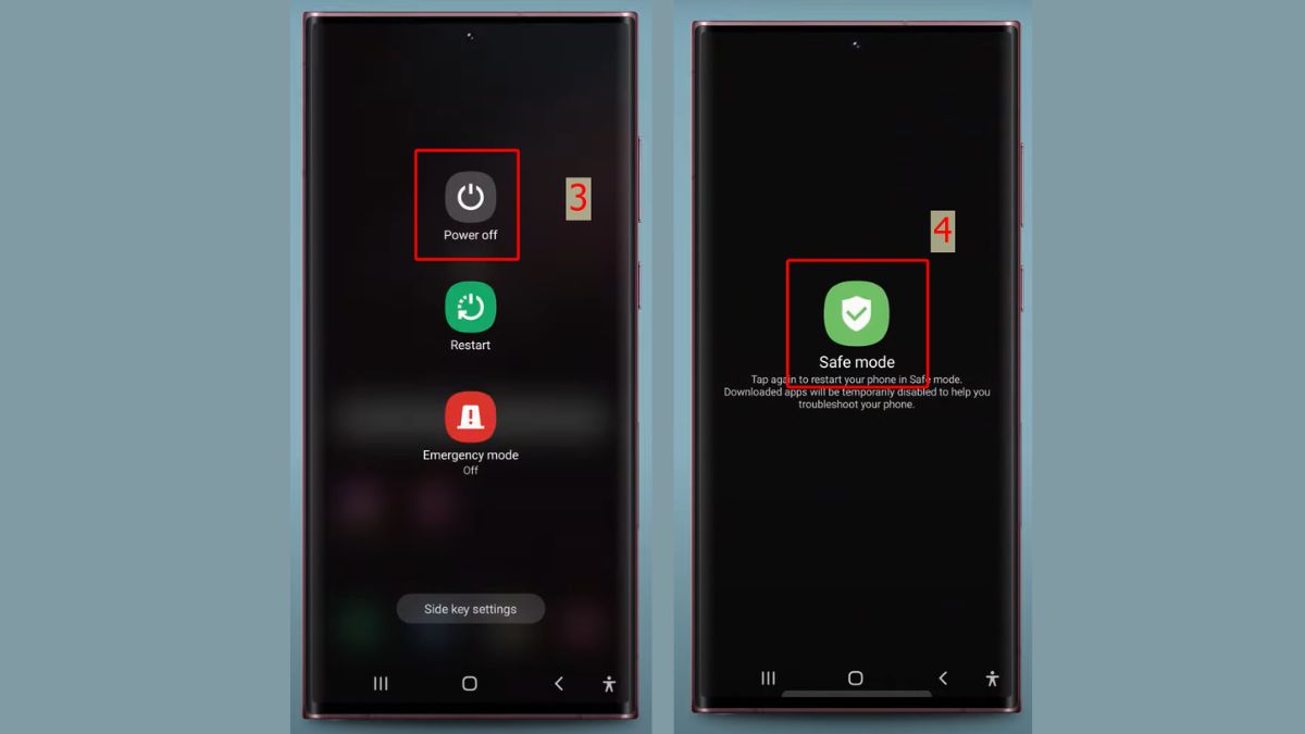 Cách khắc phục lỗi sạc không vào pin Samsung Bật “Safe Mode” để kiểm tra xung đột phần mềm - bước 3,4