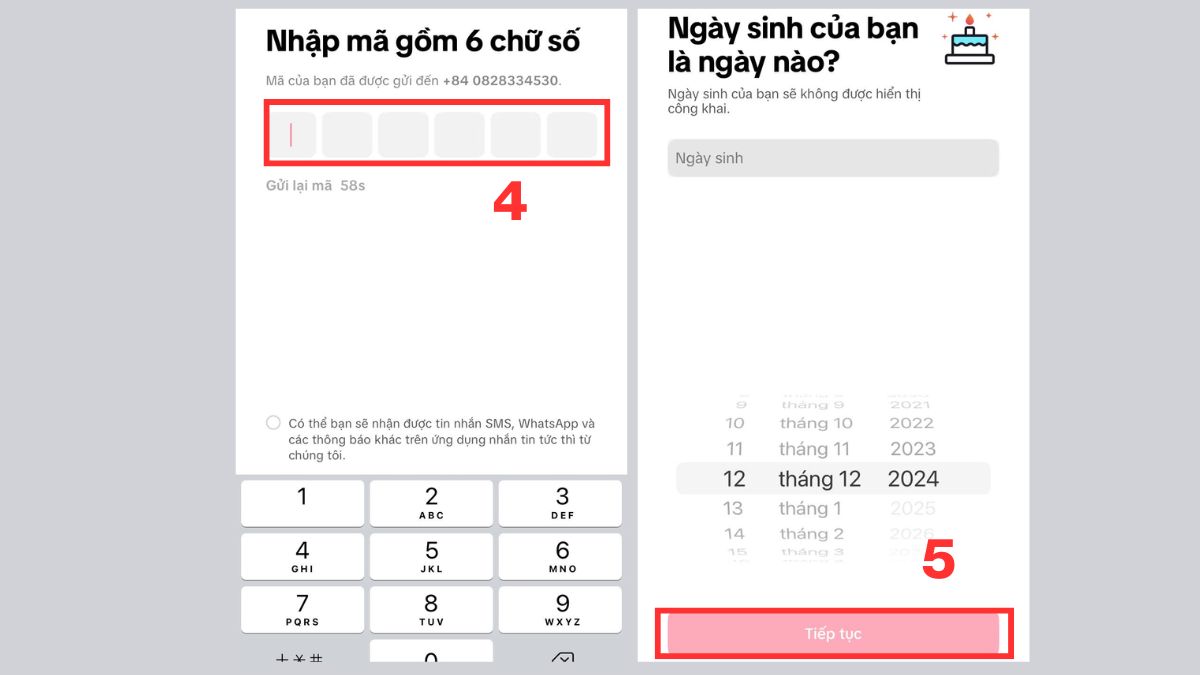 Cách đăng ký tài khoản TikTok - bước 4,5