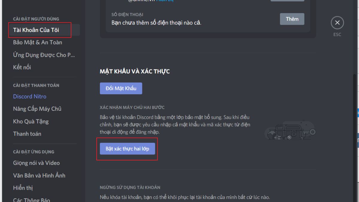 Cách bật xác thực 2FA trên Discord trên máy tính - bước 2