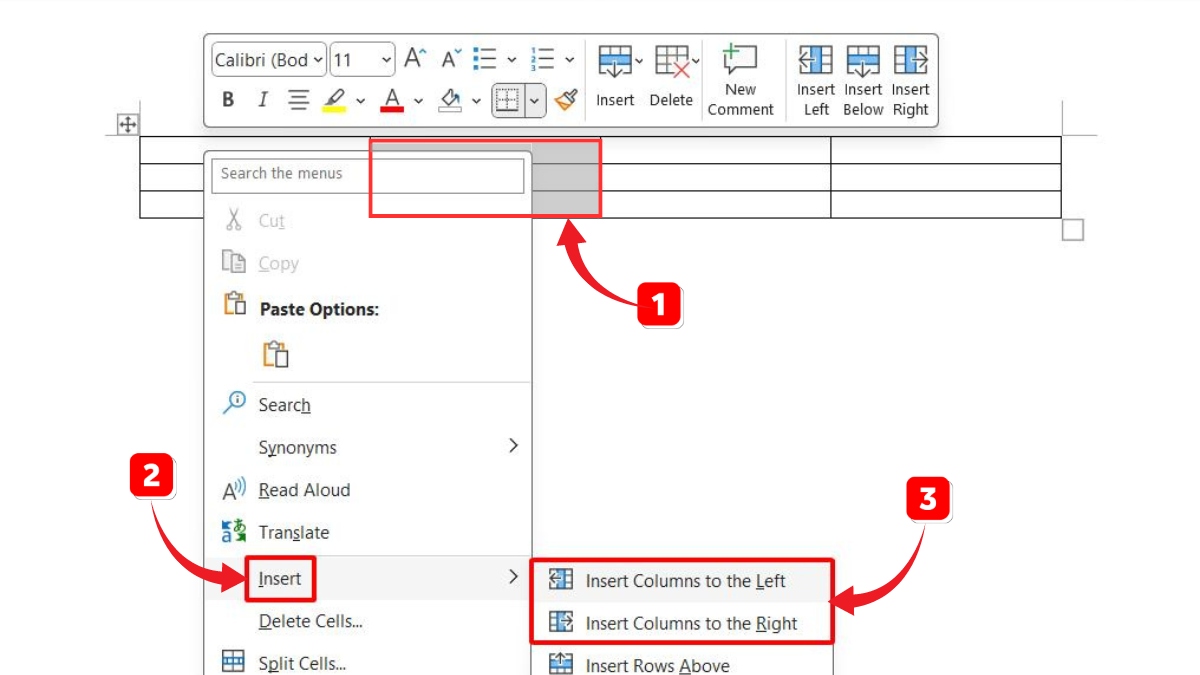 Cách dùng lệnh Insert để thêm cột trong Word