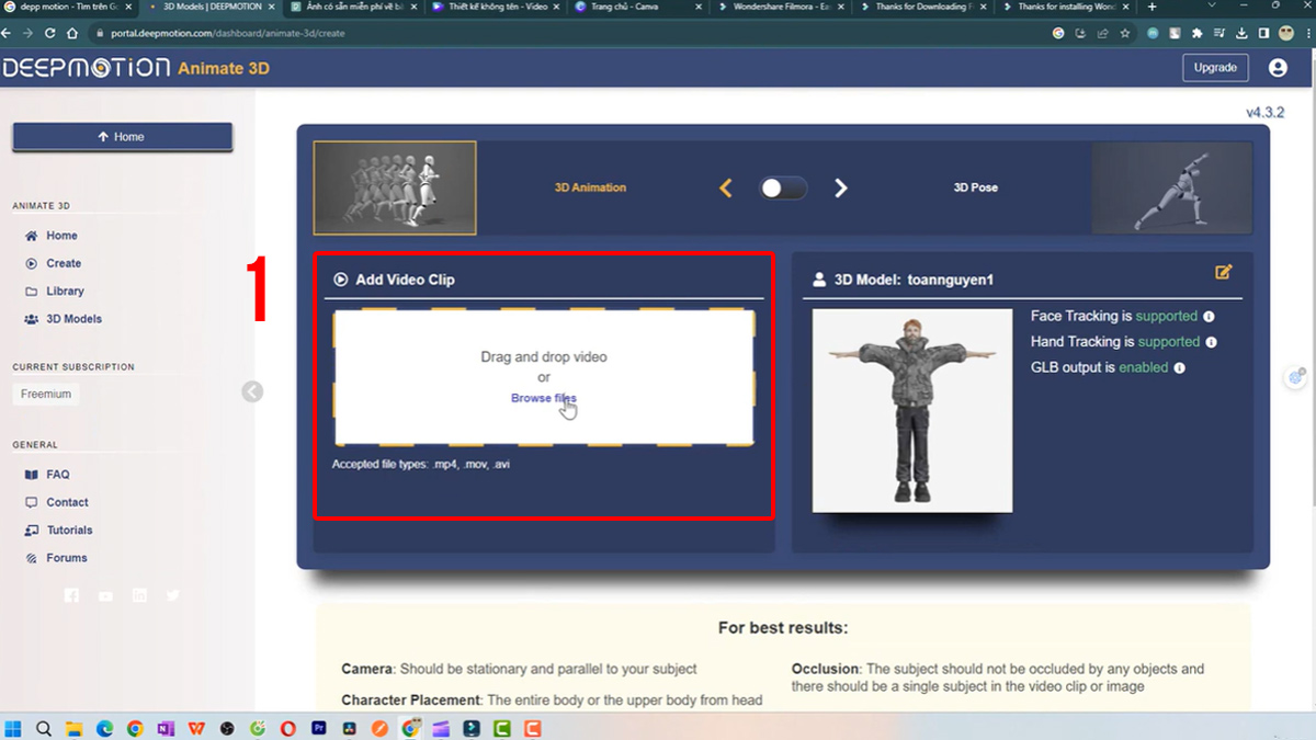 Cách sử dụng Deepmotion AI tạo chuyển động video bước 1