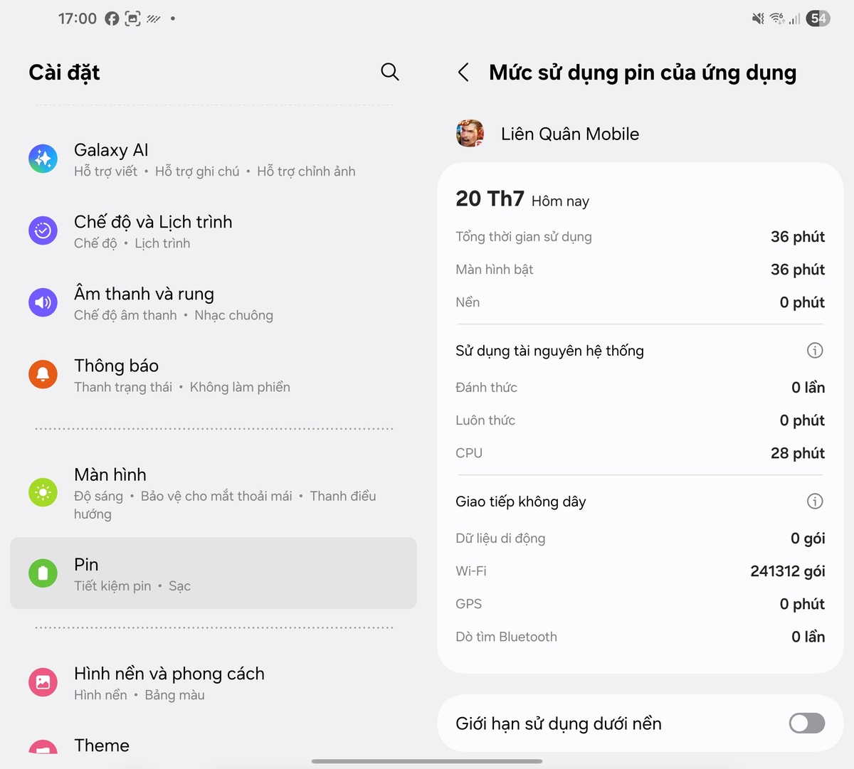 Samsung Internet và Liên Quân Mobile cùng tiêu thụ 5.3% pin nhưng với thời gian sử dụng khác nhau