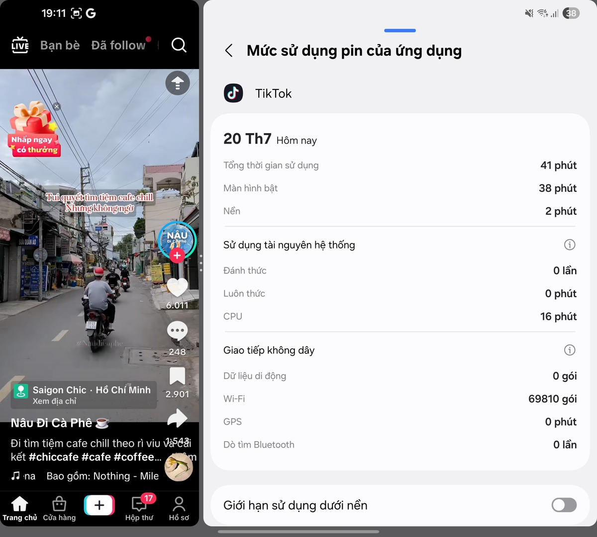 TikTok với 4.9% pin trong 41 phút sử dụng có mức tiêu thụ thấp hơn so với các ngày trước