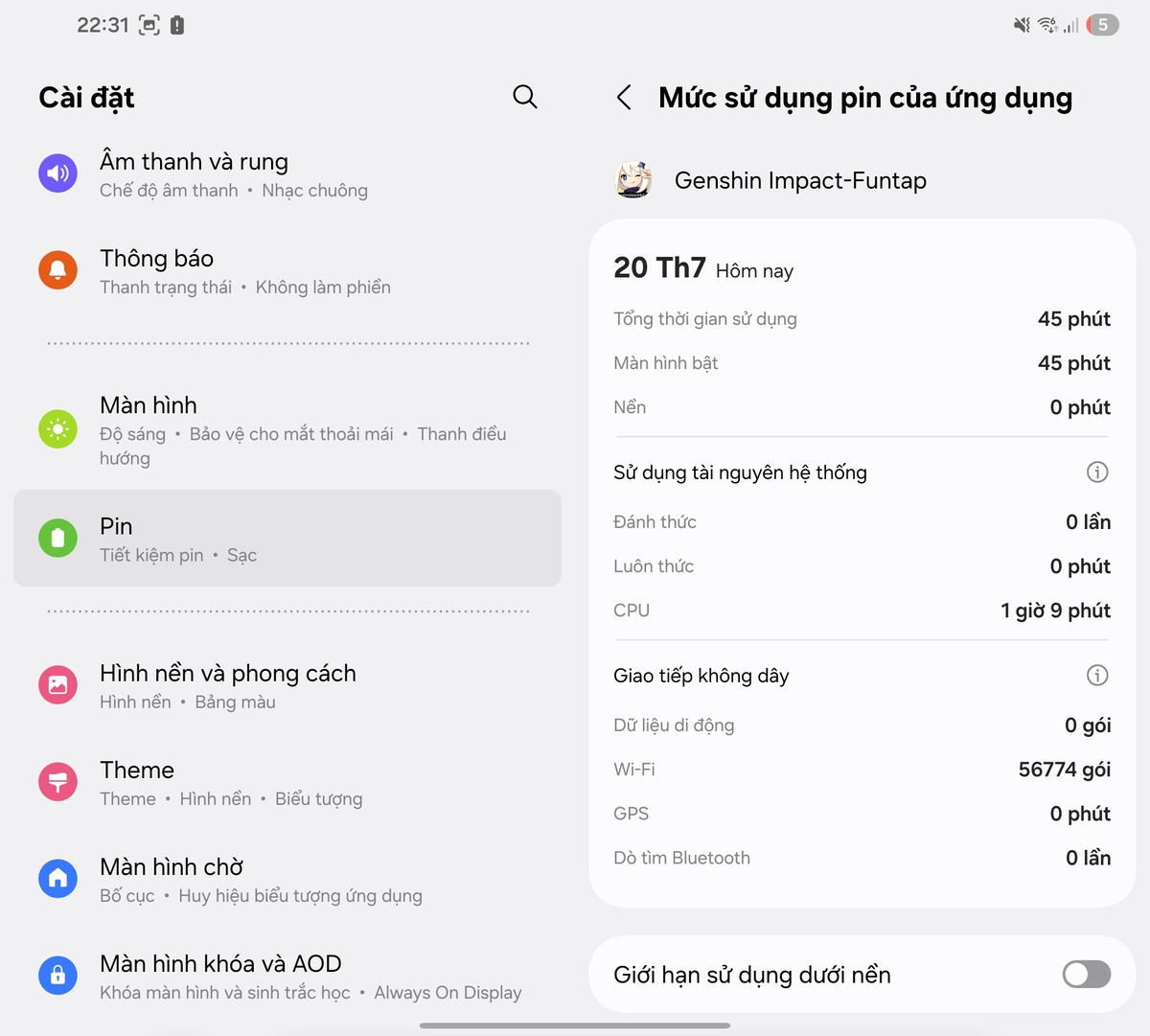 Genshin Impact với 4.8% pin trong 45 phút chơi game cho thấy hiệu suất ấn tượng